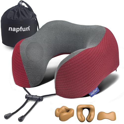 Image of napfun Neck Pillow for Traveling, Upgraded Travel Neck Pillow for Airplane 100% Pure Memory Foam Travel Pillow for Flight Headrest Sleep, Portable Plane Accessories, Burgundy