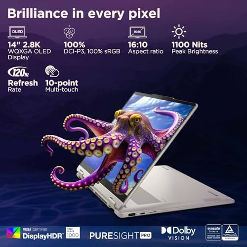 Image of Lenovo Yoga 7 2-in-1, Intel Core Ultra 7 258V, 32GB RAM, 1TB SSD, WQXGA+ OLED, Copilot+ AI PC, 14 inch /35.5cm, Win 11, Office 2024, Seashell, 1.38Kg, 47 Tops, Yoga Pen, 83JQ000NIN, Convertible Laptop