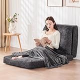 Bean Bag Bed, Folding Floor Sofa Bed Chair with Blanket, Single Floor Mattress for Adult Kids, Gaint Floor Bed for Bedroom Living Room, Upholstered Floor Chair with Wall Support