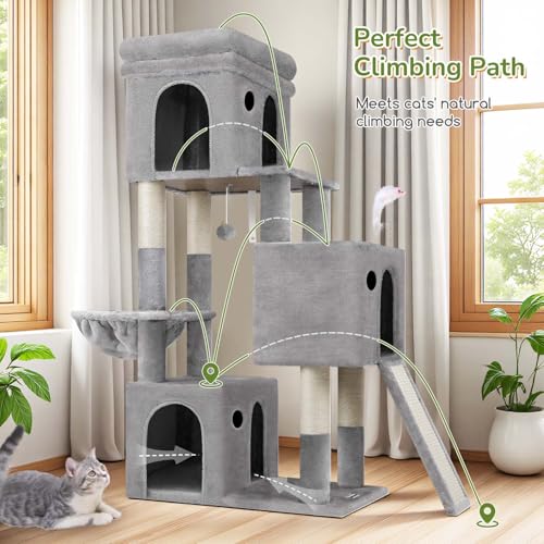 Image of Globlazer Heavy Duty Cat Tree for Indoor Cats Large Adult, F52B, Light Grey | 3 Condos, Extra-Large Baseboard, Removable Top Perch, 4 Sisal Posts & Board, Hanging Basket, Anti-Topple Strap, Easy Setup