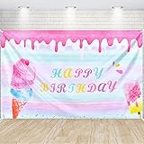 Ice Cream Happy Birthday Backdrop - 73'' x 43'' Ice Cream Party Decoration for Kids Girls B-Day Ice...