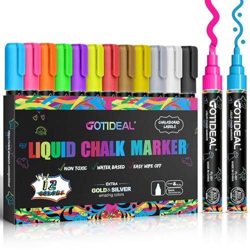 GOTIDEAL Chalk Markers, 12 Colors Liquid Chalk Markers for Blackboard Chalkboard Calendar Glass Neon Pens, Washable Window markers Paint and Drawing for Car, Auto, Bistro,Mirror Wet Erase Chisel Tip