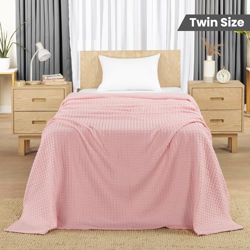 Image of Utopia Bedding 100% Cotton Waffle Weave Blanket Twin Size for Couch Sofa Bed - Lightweight, Breathable Summer Blankets Soft and Cozy, Gifts for Women Home Room Decor (Pink, 90x72 Inch)