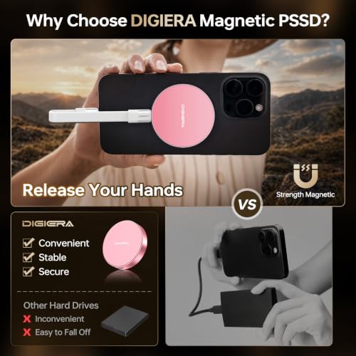 Image of DIGIERA 1TB Magnetic Portable SSD, External Solid State Drives with USB-C 3.2 Gen 2x2, Speed Up to 2000MB /s, Compact & Durable, Compatible with iPhone 15 /16 Series and Other USB-C Devices, Pink