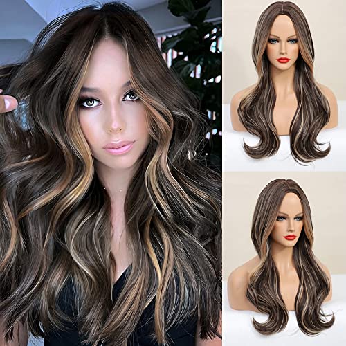 ISHINE Blonde Wigs for Women, No Lace Brown Mixed Blonde Wavy Wig, Highlight Blonde Curly Wavy Wigs, Middle Part Natural Synthetic Wig for Daily Cosplay Party Halloween Costume 24 inch