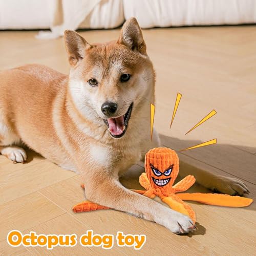 Octopus Hundespielzeug, Quietschendes Welpen- Anreicherungsspielzeug, Tauziehen Interaktives Kauen, Bissfestes Plüsch für Kleine Mittlere Große Rassen, Langlebiges Haustier Spielen Stofftier-3