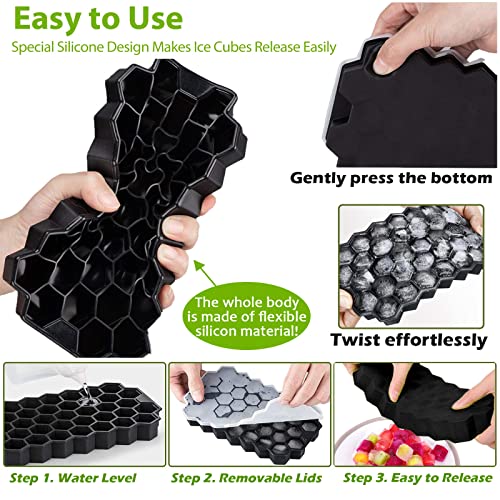 Hocerlu Ice Cube Trays, 3 Pack Silicone Small Ice Cube Trays With Removable Lid, Easy-Release & Flexible Hexagonal 37-Ice Cube Molds, Stackable For Freezer, Chilled Drinks, Whiskey, Cocktail - Black #TOP2