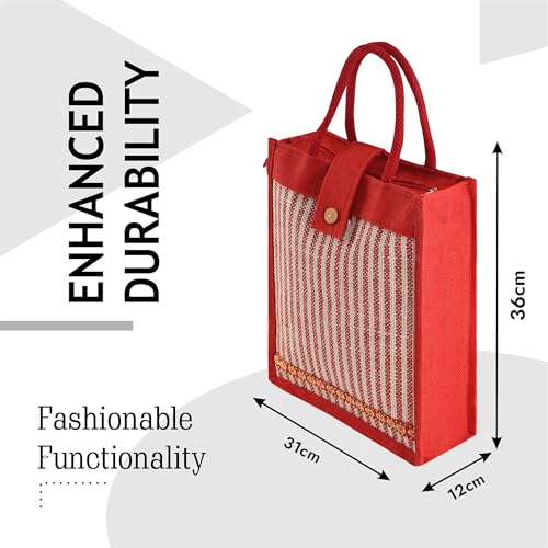 Image of Kuber Industries 3 Pcs Jute Medium Shopping Bag for Women with Handle | Multipurpose and Reusable Carry /Shopping Bag for Grocery | Lining Design - Red