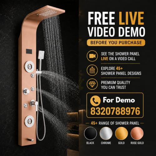 Image of Stainless Steel 304 Grade Shower Panel 8in1+ Extra Large 3Ways Hand Shower With LED Rainfall Waterfall 2Body Massage 4Mist Spray Temperature Display Shower Panel (Rose Gold)