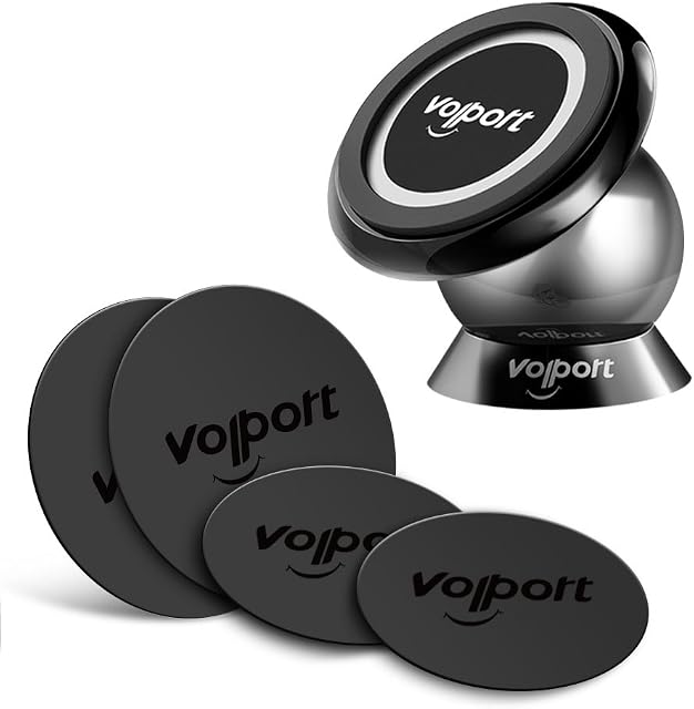 Volport Compact Magnetic Adjustable Car Phone Mount, 360 Degree Rotating Small Automobile Dashboard Cellphone Holder kit with 4 Pack Metal Plate Discs Universal Vehicle Smartphone Cradle for iPhone 7 /8/12/13 Pro Samsung Galaxy Huawei Mobile Devices GPS