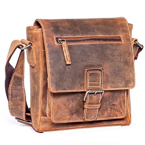 ALMADIH Leder Umhängetasche LUIS Premium Rindsleder BV - Kompakte Messenger Schultertasche Freizeittasche City Bag Tablet Ledertasche kleine Herren Damen Unisex Tasche braun (LUIS vintage) Cover