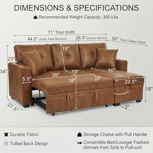 Image of 71 inch Brown Convertible Sofa Bed, L-Shaped Pull Out Couch with Storage Chaise | TYBOATLE, Sleeper Sofa Bed, Pull Out Couch Bed, Reversible Storage Chaise, Linen Fabric, Living Room, Apartment, Guest Room