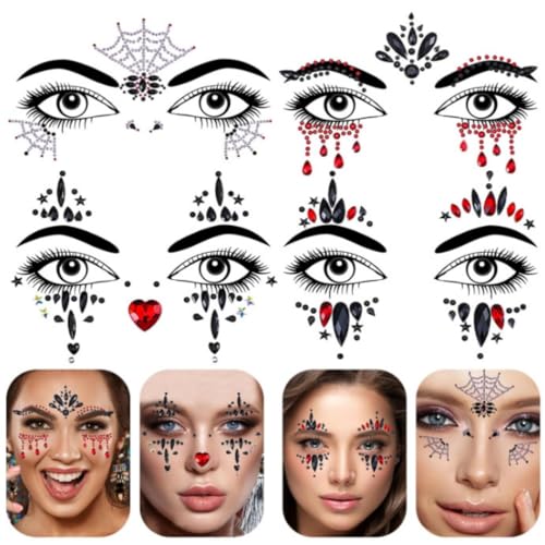 EEUOPQ ハロウィン ラインストーン ステッカー 4枚セット アイメイク アイステッカー 3D 顔 シール フェイスシール キラキラ 自己粘着 ダイヤモンド デコパーツ