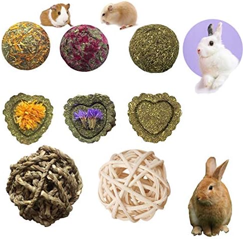 PD Bunny Chew Toys for Teeth, Natural Timothy Grass Small Animal Chew Toys, Mixed Grass and Molar Grass Cake and 2 Balls for Rabbits Chinchilla Hamsters Guinea Pigs Gerbils Groundhog Squirrels（8 pcs）