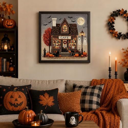 Image of Halloween Cross Stitch Stamped Kits for Adults Beginners, Horror Embroidery | Halloween House Embroidery Kits, Full Line DIY Stitching Kit, 11 CT Needlepoint Patterns for Home Decor 15x15 Inch