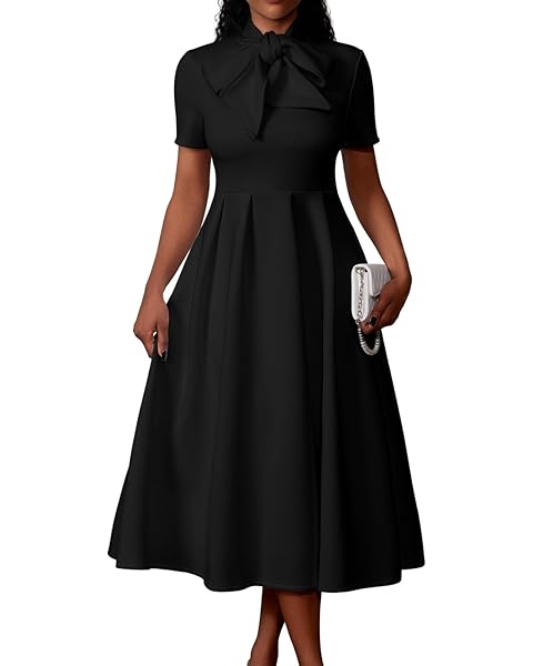 Memoriesea Women's Elegant Casual Short Sleeve Work Party A-Line Dress with Pockets