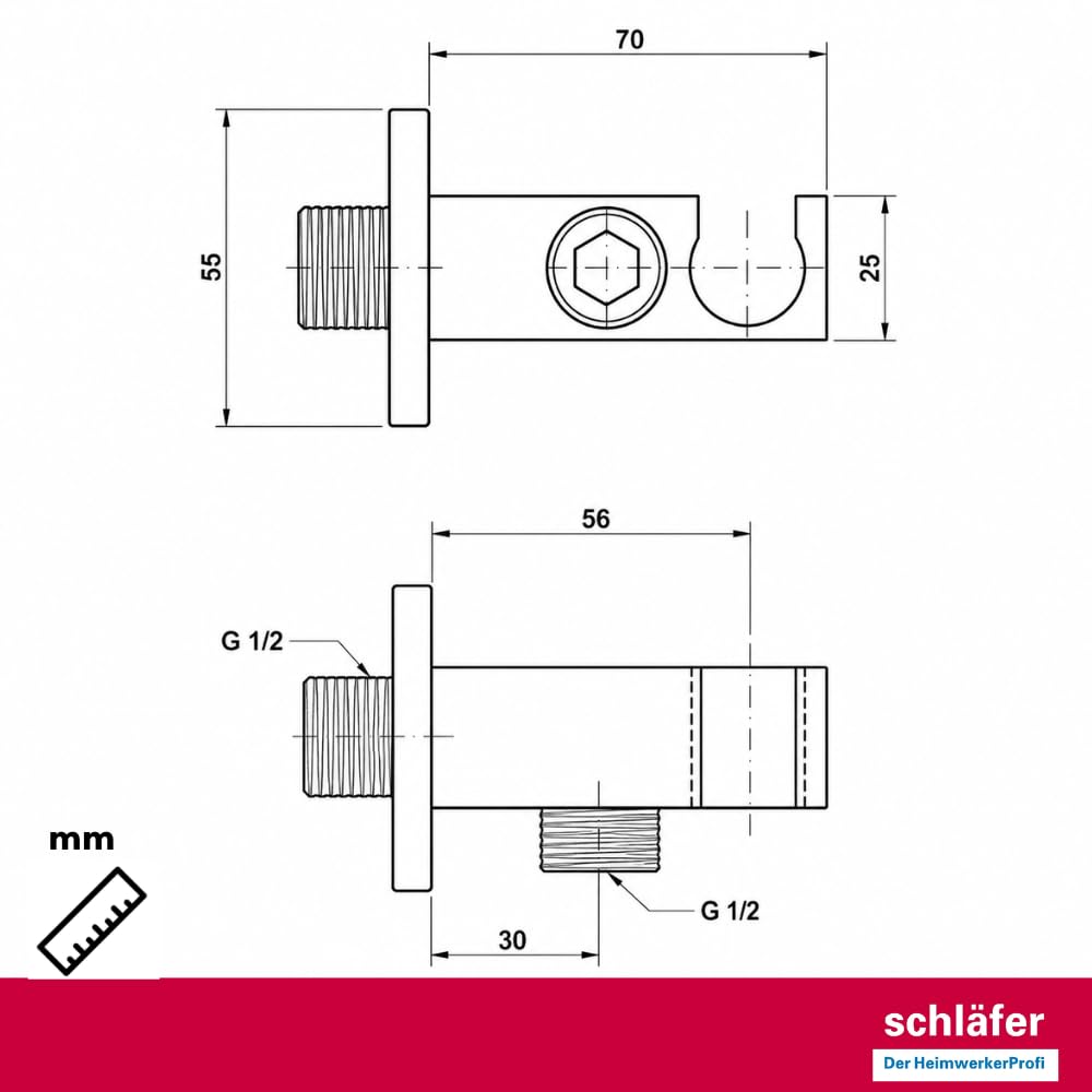 Schläfer 814420 | Presa Acqua Doccia Quadra con supporto per Doccetta Cromo, Uscita Acqua Parete G 1/2" - Ø 20,86 mm, Raccordo Gomito per Flessibile Doccetta in Ottone Design Moderno