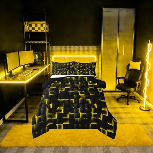 Image of Erosebridal Geometric Checkered Comforter King Size Neon Black Gold Comforter Set for Kids Teen Men Gaming Room Decor,Abstract Ombre Plaid Bedding Set Grids Quilt Duvet