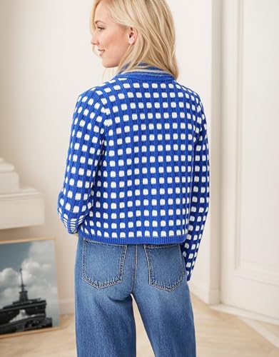 Kedera Women's Knit Crop Cardigans Long Sleeve Plaid Sweater Open Front Cable Crew Neck Button Sweaters3