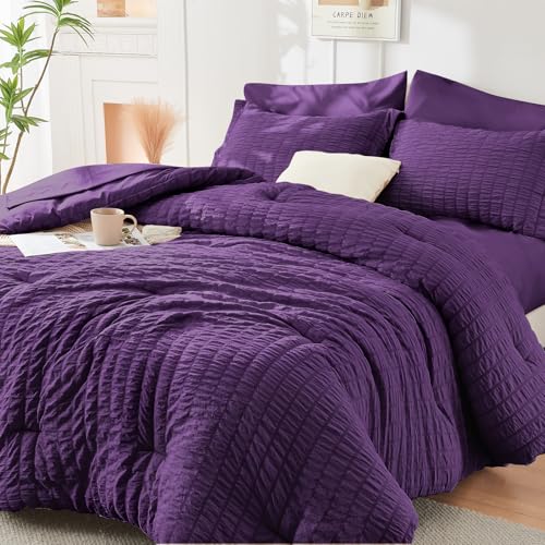 Image of HYMOKEGE Dark Purple Twin XL Comforter Set Seersucker 5 Pieces, All Season Luxury Bed in a Bag for Bedroom, Bedding Set with Comforter, Sheets, Pillowcase & Sham