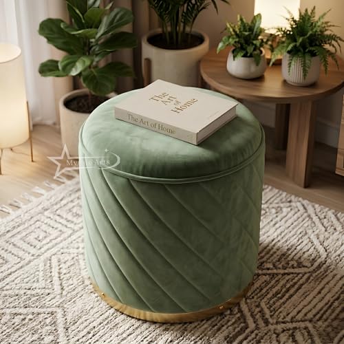 Image of Ottoman Stool, Puffy Stool, Sitting Stool, Modern Upholstered Round Ottoman, Dressing Table for Living Room (Green)