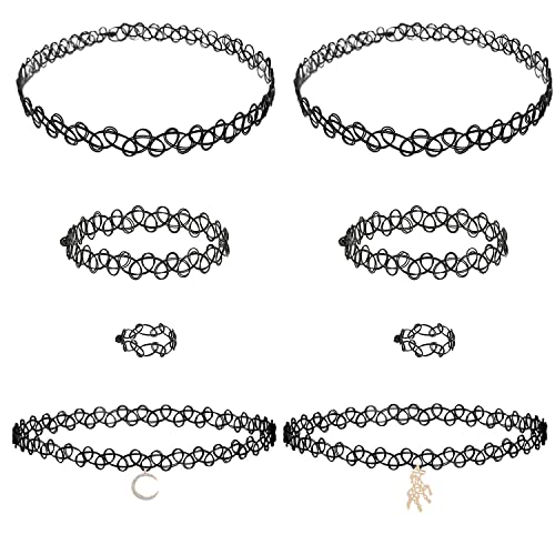 TIANNAIT 2 Sätze Halskettensets (Halskette + Armband + Ring), mit 2 Stück Choker Halsketten mit verschiedenen Mustern, Vintage-Schmuck, Hohle Tattoo-Halskette, elastischer Legierungsanhänger Cover