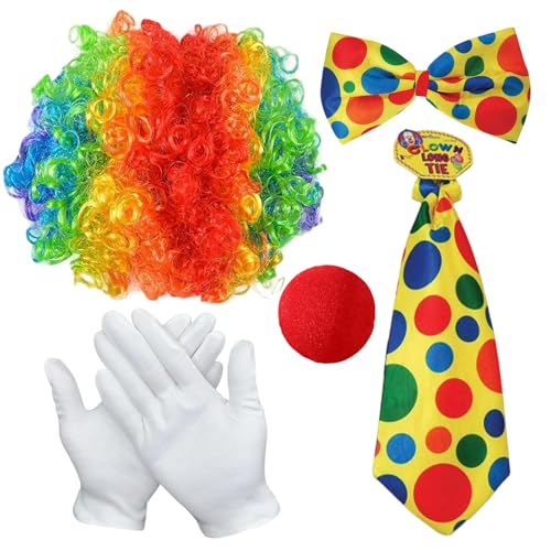 Apparlxer Clown Kostüm Suit, 5-Teiliges Clown Zubehör Faschingskostüme Accessoire mit Nase Perücke Fliege Krawatte und Handschuhen, Zirkus Kostüm Damen Herren für Karneval Fasching Ostern