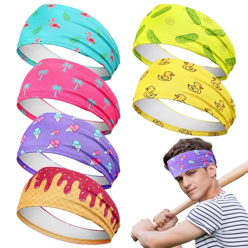 Image of Riceshoot 6 Pack Ice Cream Baseball Headbands with 6 Fun Colorful Patterns Breathable Elastic Sports Sweatbands for Men Women Basketball Soccer Football Workout Team Gifts