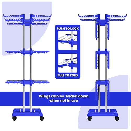 Image of Foldable Cloth Drying Stand Stainless Steel - 3 Tier Heavy-Duty Clothes Dryer for Balcony, Indoor & Outdoor Use | with Wheels & Hanger Slots | Rust-Proof Laundry Rack (Blue 3 TIRE)