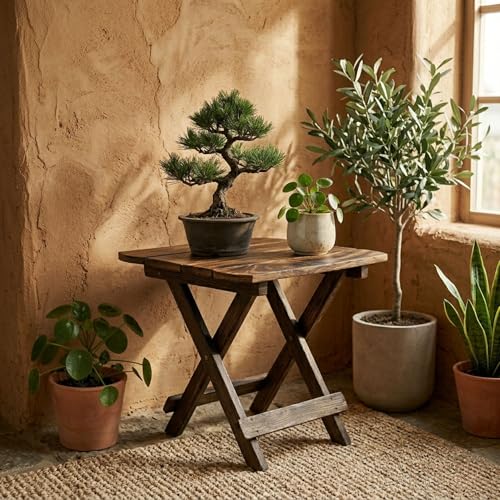 Image of Foldable Wooden Side Table for Living Room, Bedroom | Solid Wood End Table | Portable Coffee Table | Laptop Table | Bedside Table | Space Saving Small Table for Home, Balcony, Office (Rustic Finish)