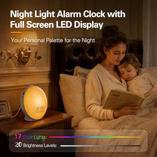 Image of JALL Full-Screen Wake Up Light Sunrise Alarm Clocks for Bedrooms, White Noise Machine for Heavy Sleepers, 25 Natural Sounds, Dual Alarms, FM Radio, 17 Dimmable Colors, Bluetooth Speaker