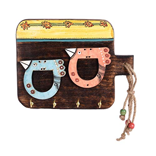 Image of AAKRITI ART CREATIONS Key Holder, Handcrafted Tribal Art Two Birds Design Key Hanger | Rustic Wood Wall Organizer with 4 Hooks | New Home Gifts | Multifunctional Entryway Decor