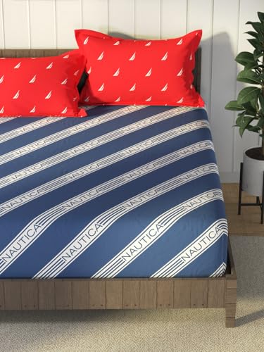 Image of NAUTICA Cotton King Bedsheet with 2 Pillow Covers -3pc Set (noridge) | 160TC | Super Soft Touch Stripe-Blue
