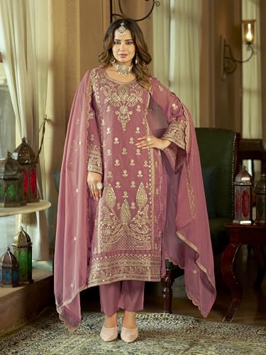Image of INDO ERA Women's Organza Embroidered Sequinned Kurta & Pant with Dupatta Set | Women Kurta Sets With Dupatta Cotton