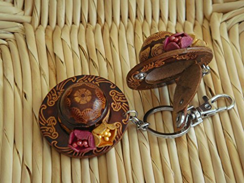 A Pair Of Genuine Leather Keychain/Bag-Charm, Stylish Straw Hat Shape, Darkbrown #TOP5