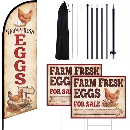 3pcs Fresh Eggs Feather Swooper Flag Kit, Yard Sign with Pole Stake