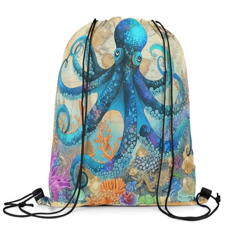 jejeloiu Octopus Drawstring Backpack Ocean Kraken Gym String Bag Blue Tentacles Sports Drawstring Sackpack Nautical Sea Animal Sealife Waterproof3