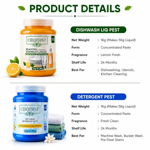 Image of Ciramist Readymix Home Cleaning Combo - Laundry Liquid Detergent Concentrate + Dish Wash Concentrate | Makes 5L Each | Powerful Grease & Stain Removal