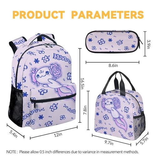 Axolotl Backpack with Lunch Box for Kids - Set of 3 School Backpacks Matching Combo - Pretty Colorful Bookbag and Pencil Case Bundle4