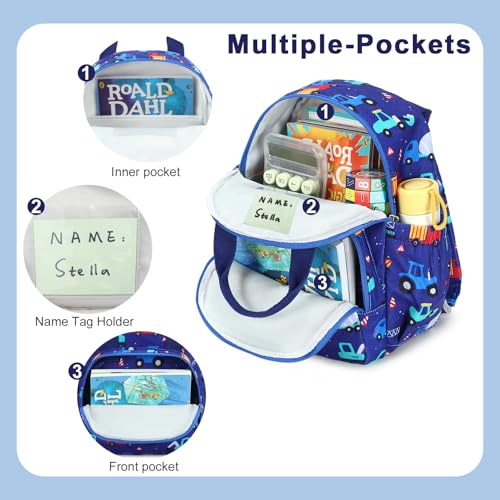 Image of Bluboon Toddler Backpack for Girls Boys 2-4 Cute 12 inch Preschool Kindergarten Backpacks Kids Daycare Bags School Travel (Engineering vehicle - Royal blue, Age 2-4 (12 inch H not Fit A4 Folder))