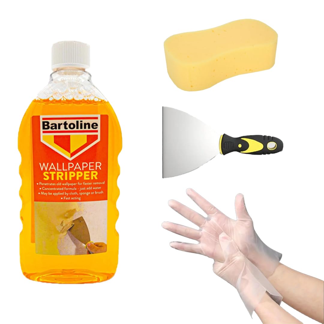 Bartoline - Kit de removedor de papel tapiz de 500 ml, raspador de 6 pulgadas de ancho, esponja grande, guantes, paquete completo para una rápida extracción, apto para bricolaje