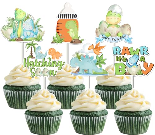 JOYMEMO 36 Pcs Dinosaur Cupcake Toppers - Hatching Soon Dinosaur Party Decorations, Double Sided Paper Rawr, Cake Decor for Pregnancy Celebration