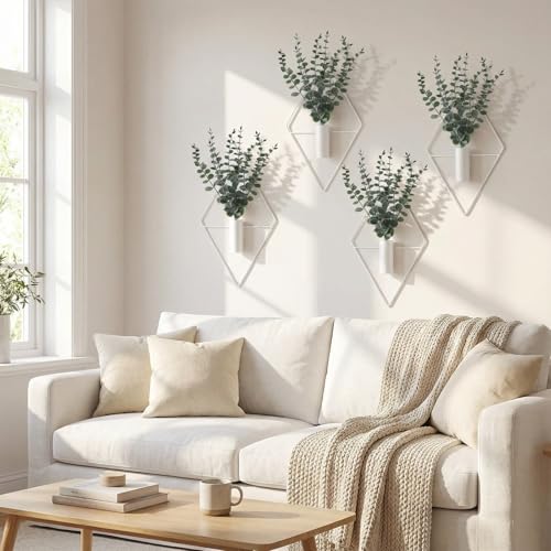 Image of Jexine Hanging Planters with Artificial Eucalyptus Metal Hanging Vase Indoor Plants Holder Modern Geometric Boho Bathroom Wall Decor for Living Room Home Office (White,8 Pcs)