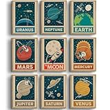 9pcs Retro Solar System Wall Art Nursery Space Pictures Retrospace Galaxy Wall Decor Outer Space Paintings Prints Sci-Fi Planet Posters for Boys Girls Kids Bedroom Living 8x10in Unframed