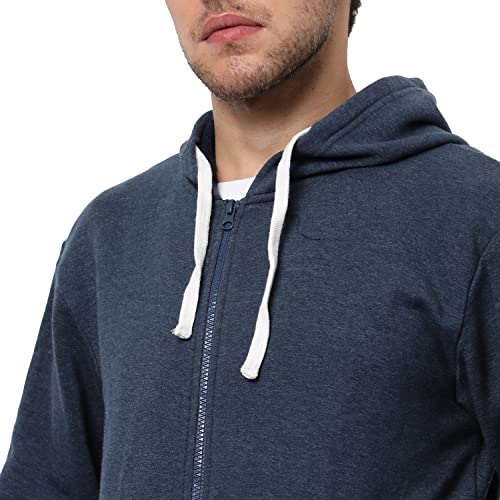 Image of CAHOOT Men's Dark Blue Zip-Front Hoodie with Contrast Drawstring for Casual Wear | Long Sleeve | Hooded Neck | Zipper Closure | Cotton Sweatshirt Crafted with Comfort Fit for Everyday Wear