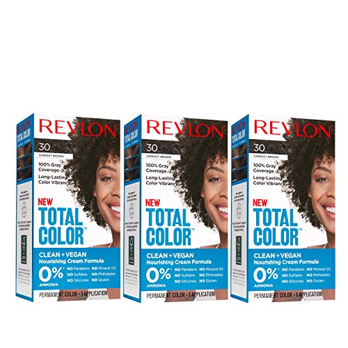 Permanent Hair Color by Revlon, Permanent Hair Dye, Total Color with 100% Gray Coverage, Clean & Vegan, 30 Darkest Brown, 10.2 Oz (Pack of 3)
