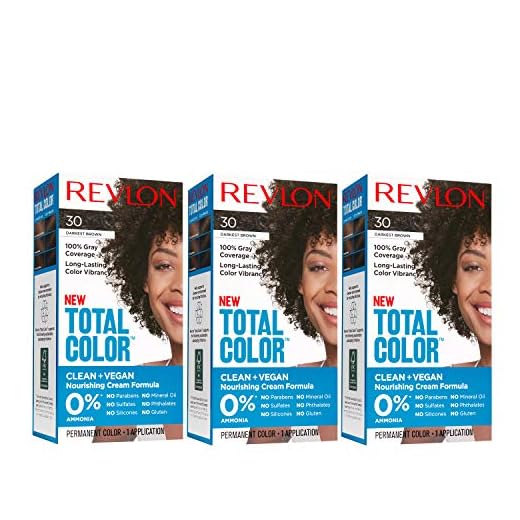 Permanent Hair Color by Revlon, Permanent Hair Dye, Total Color with 100% Gray Coverage, Clean & Vegan, 30 Darkest Brown, 10.2 Oz (Pack of 3)