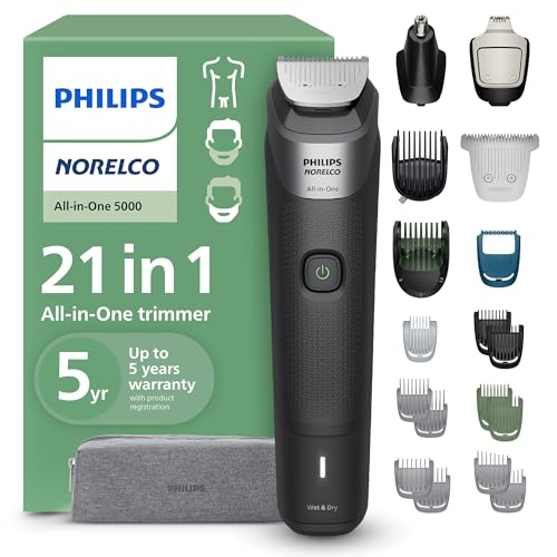 Norelco Philips All-in-One 21-Piece Trimmer 5000 Series - Electric Shaver and Clipper for Face, Beard, Hair & Body, Self-Sharpening Titanium Blades,...