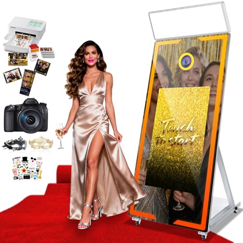 Magic Mirror Photo Booth, 65-32in Interactive Touch Screen Photo Booth Machine Built-in Mini PC,App Remote Control RGB Light,Idea for Event Rental Party (White, 65-32in)