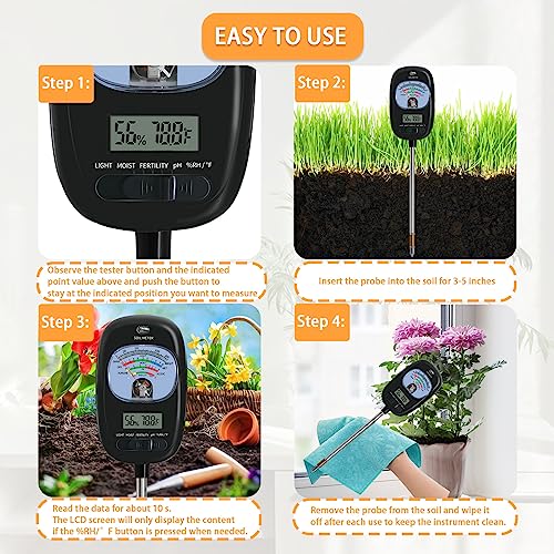 7-in-one Soil Test Kit, Soil Moisture Meter/PH Meter/Sunlight Intensity/Fertility Soil Tester, LCD Display Air & Soil Hygrometer Temperature for Hous Plants Garden, Farm, Lawn Care Moisture Meter by Auduto - Image 6